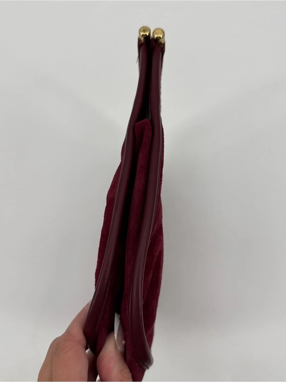 Vintage Burgundy Suede Top Handle Handbag Gold Hardware Structured Purse
